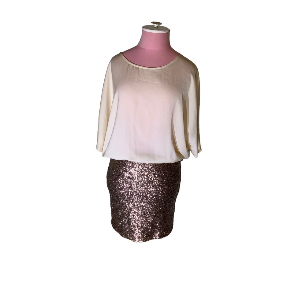 UNDER SKIES dress Size Small.  Cream Poly Upper With Brown Sequin ‎ Bottom